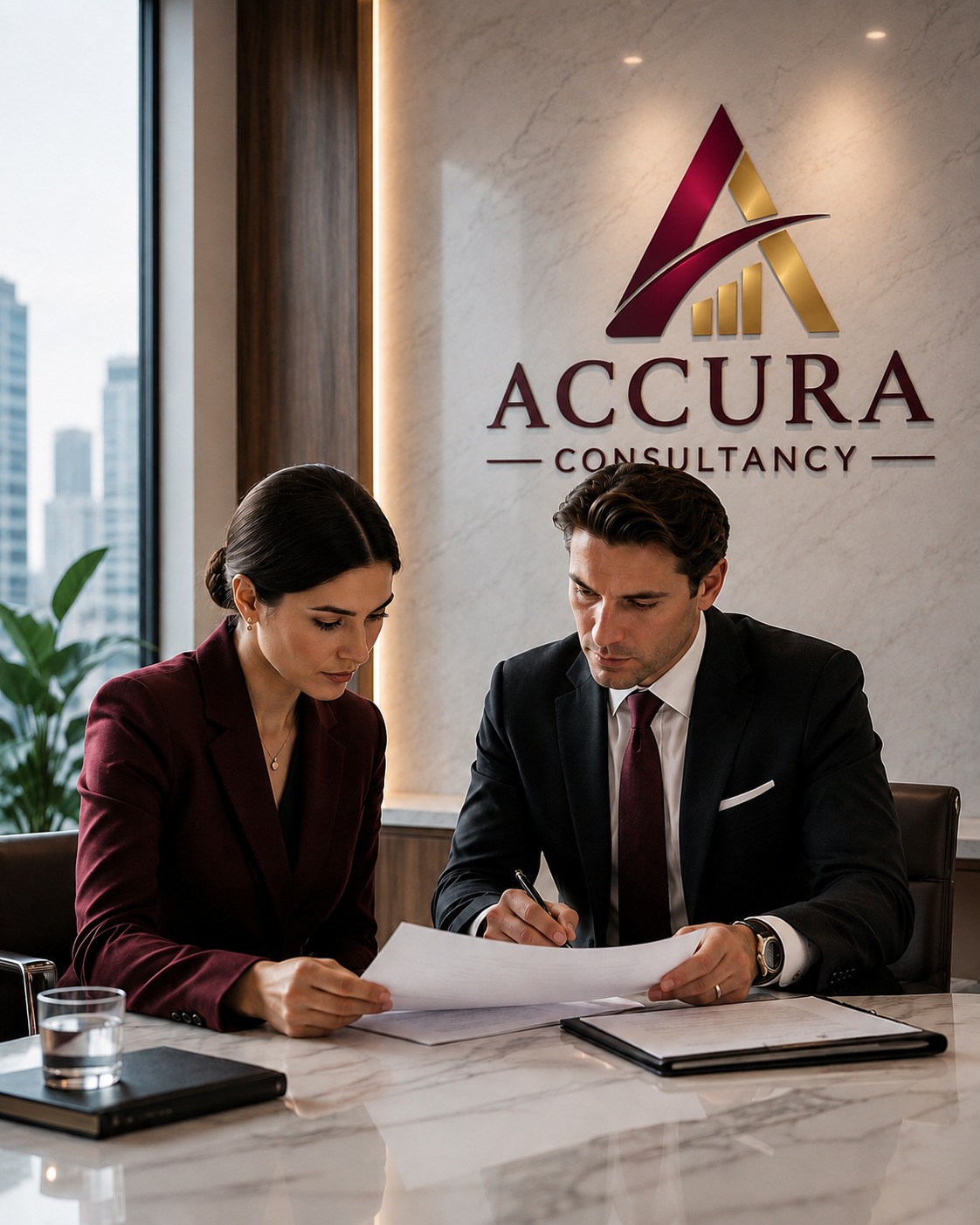 ACCURA consultants reviewing a client strategy document